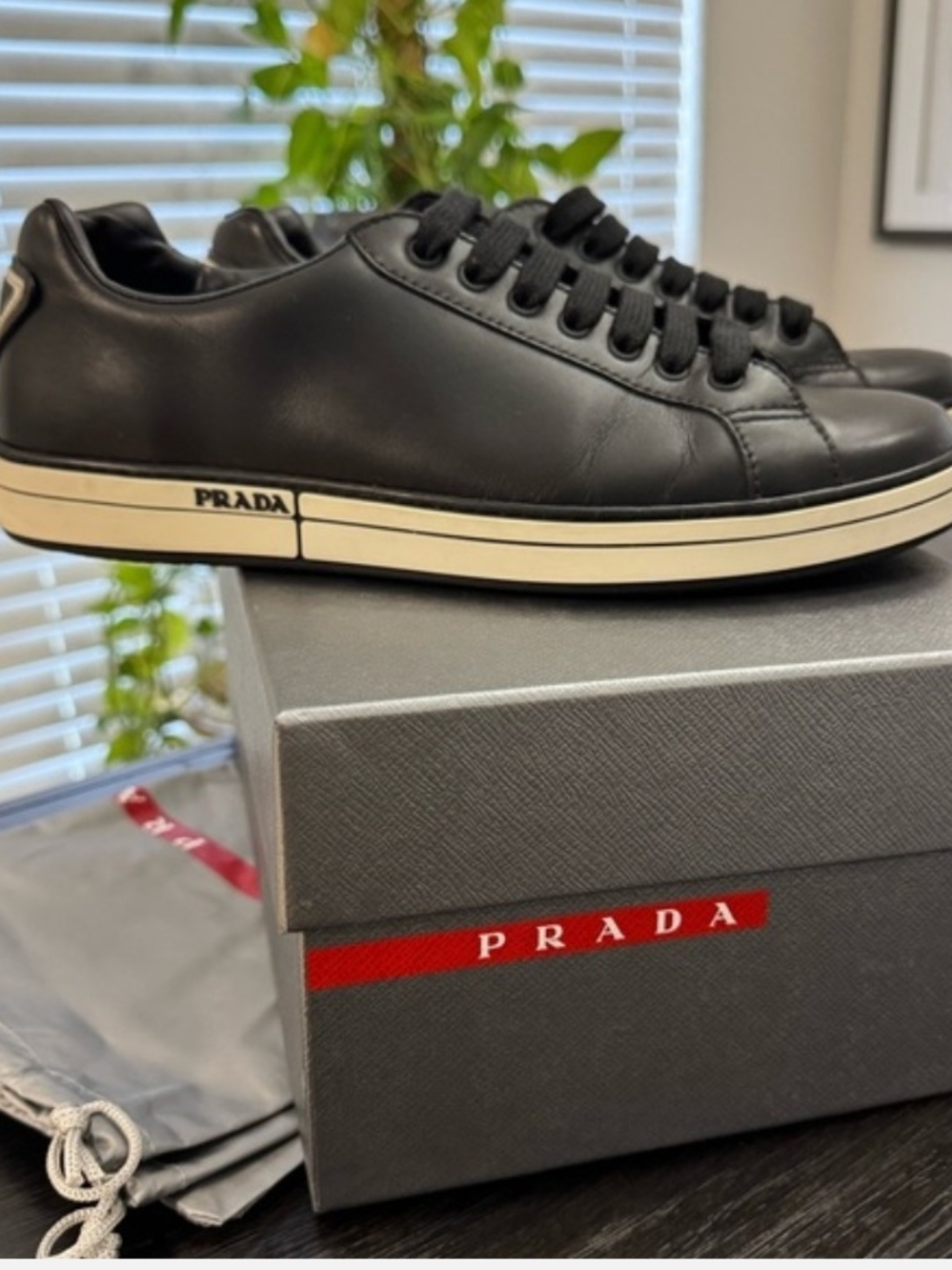 Prada Men's Black Leather Low-Top Sneakers